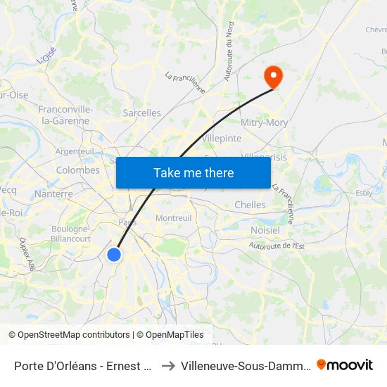Porte D'Orléans - Ernest Reyer to Villeneuve-Sous-Dammartin map