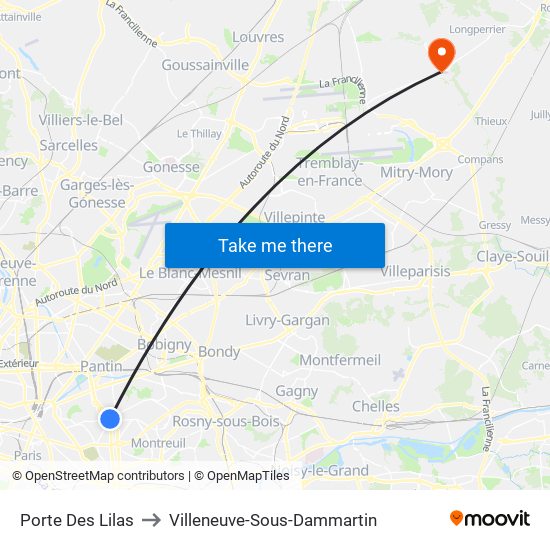 Porte Des Lilas to Villeneuve-Sous-Dammartin map