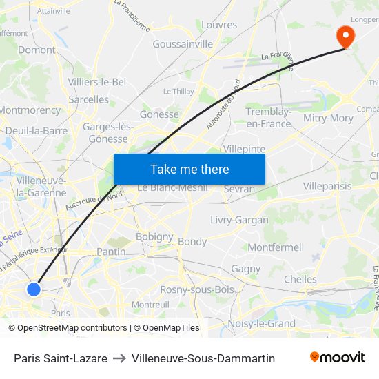 Paris Saint-Lazare to Villeneuve-Sous-Dammartin map