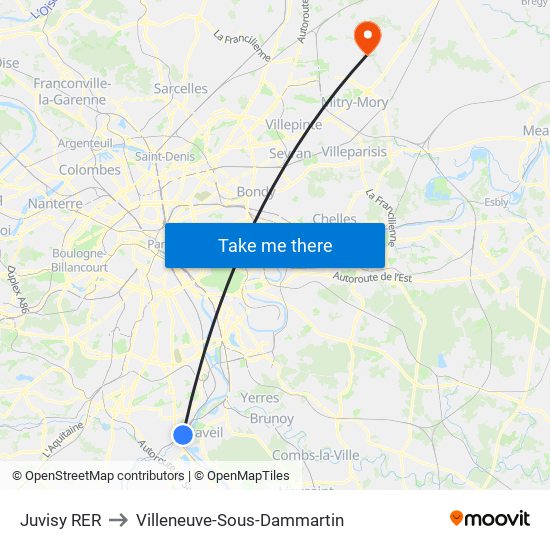 Juvisy RER to Villeneuve-Sous-Dammartin map