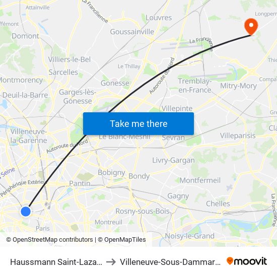 Haussmann Saint-Lazare to Villeneuve-Sous-Dammartin map