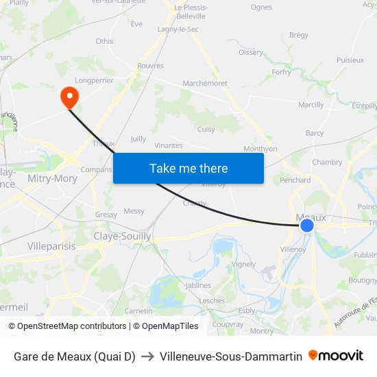 Gare de Meaux (Quai D) to Villeneuve-Sous-Dammartin map