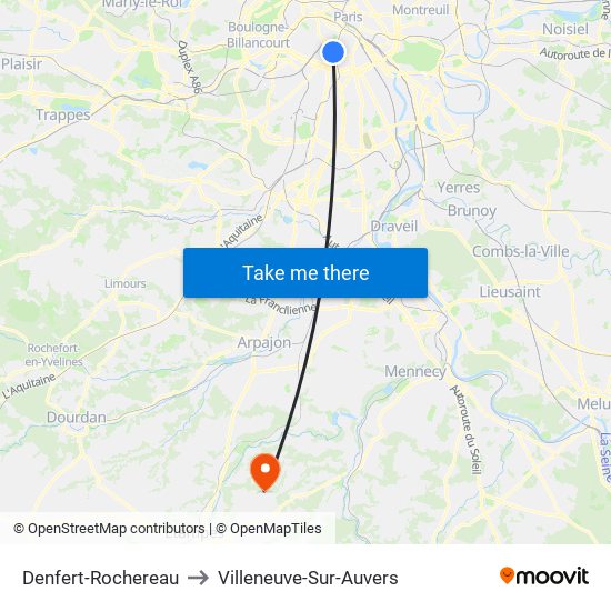 Denfert-Rochereau to Villeneuve-Sur-Auvers map