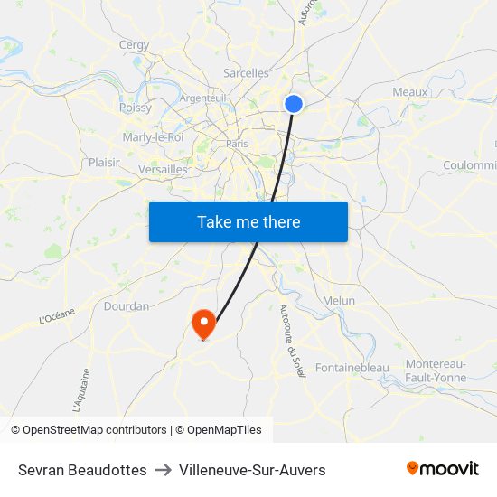 Sevran Beaudottes to Villeneuve-Sur-Auvers map