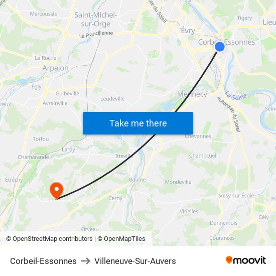 Corbeil-Essonnes to Villeneuve-Sur-Auvers map