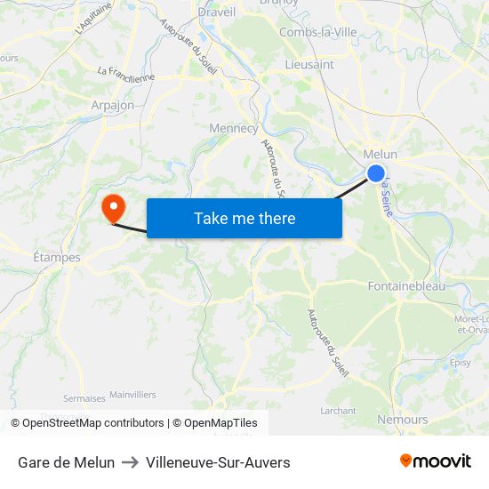 Gare de Melun to Villeneuve-Sur-Auvers map