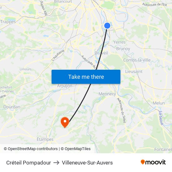 Créteil Pompadour to Villeneuve-Sur-Auvers map