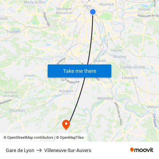 Gare de Lyon to Villeneuve-Sur-Auvers map