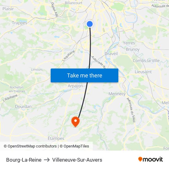Bourg-La-Reine to Villeneuve-Sur-Auvers map
