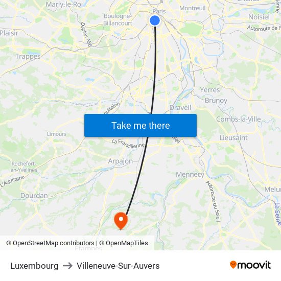 Luxembourg to Villeneuve-Sur-Auvers map
