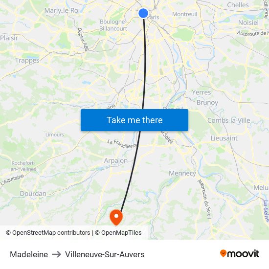 Madeleine to Villeneuve-Sur-Auvers map