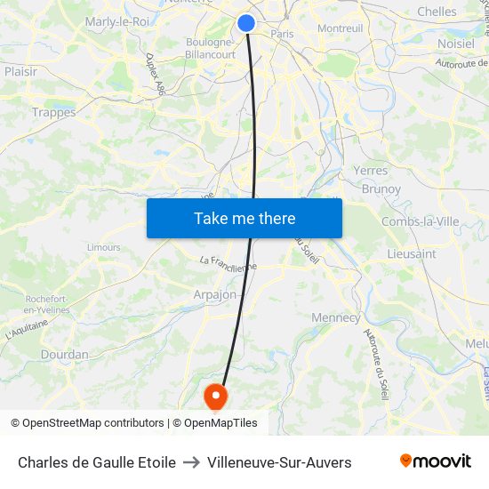 Charles de Gaulle Etoile to Villeneuve-Sur-Auvers map