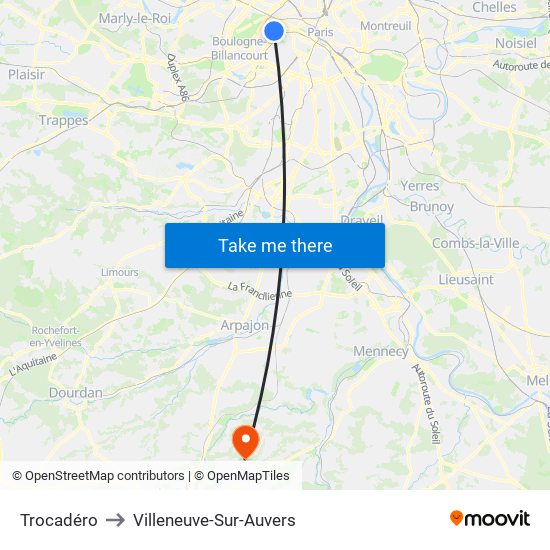 Trocadéro to Villeneuve-Sur-Auvers map