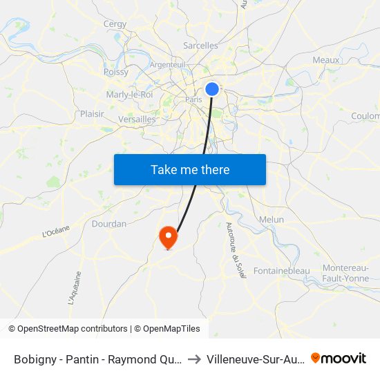Bobigny - Pantin - Raymond Queneau to Villeneuve-Sur-Auvers map
