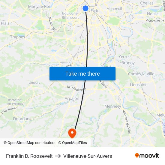 Franklin D. Roosevelt to Villeneuve-Sur-Auvers map