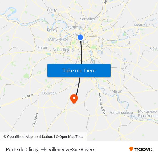 Porte de Clichy to Villeneuve-Sur-Auvers map