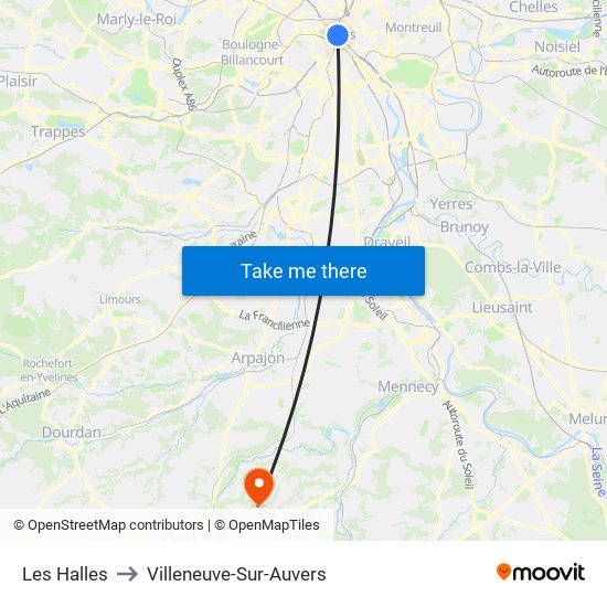 Les Halles to Villeneuve-Sur-Auvers map