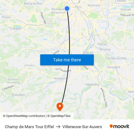 Champ de Mars Tour Eiffel to Villeneuve-Sur-Auvers map
