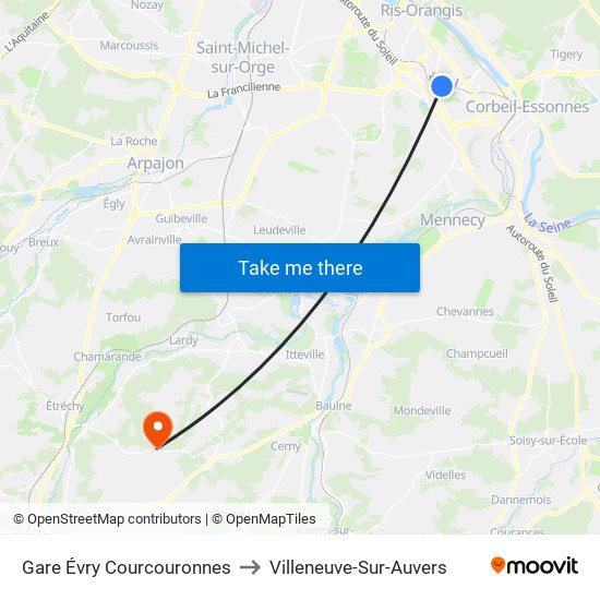 Gare Évry Courcouronnes to Villeneuve-Sur-Auvers map