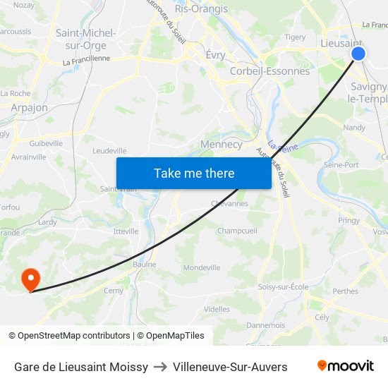 Gare de Lieusaint Moissy to Villeneuve-Sur-Auvers map