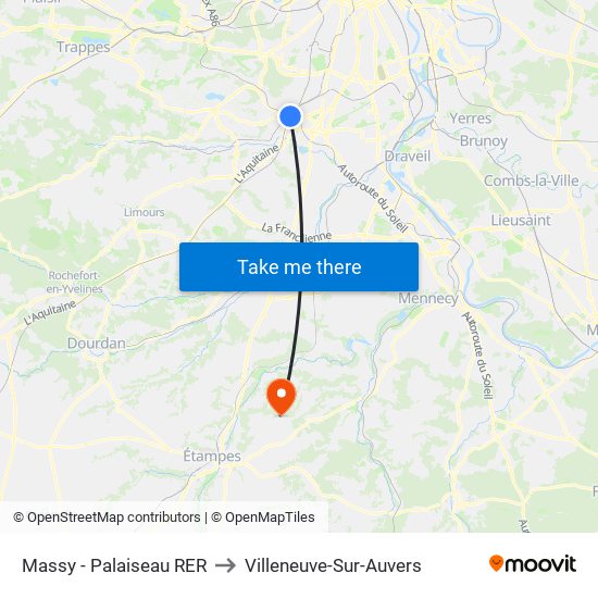 Massy - Palaiseau RER to Villeneuve-Sur-Auvers map