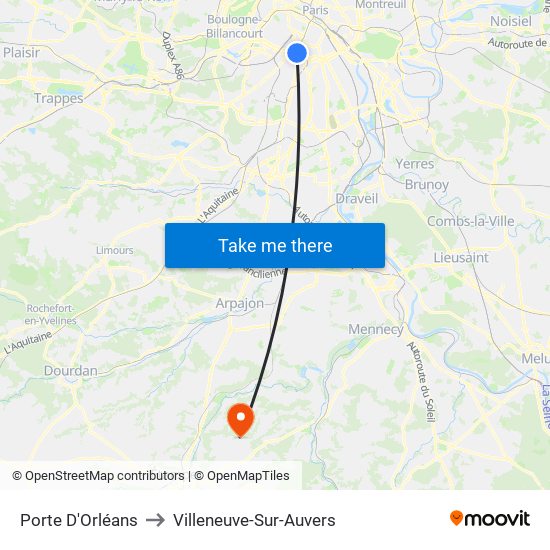 Porte D'Orléans to Villeneuve-Sur-Auvers map