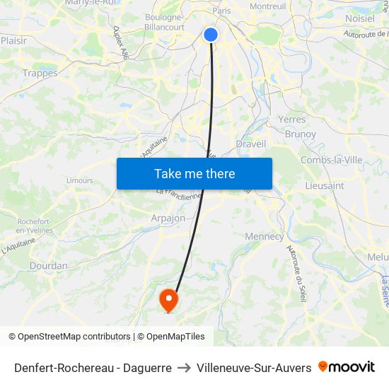 Denfert-Rochereau - Daguerre to Villeneuve-Sur-Auvers map