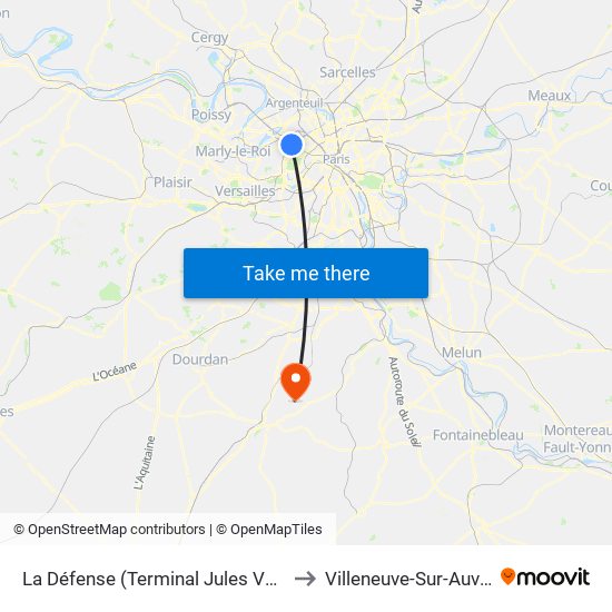 La Défense (Terminal Jules Verne) to Villeneuve-Sur-Auvers map