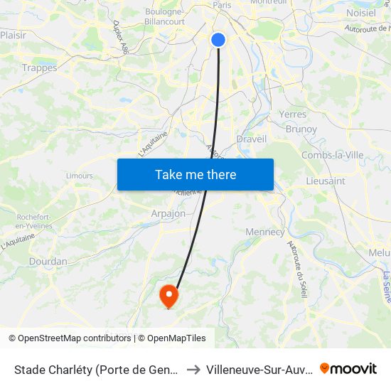 Stade Charléty (Porte de Gentilly) to Villeneuve-Sur-Auvers map