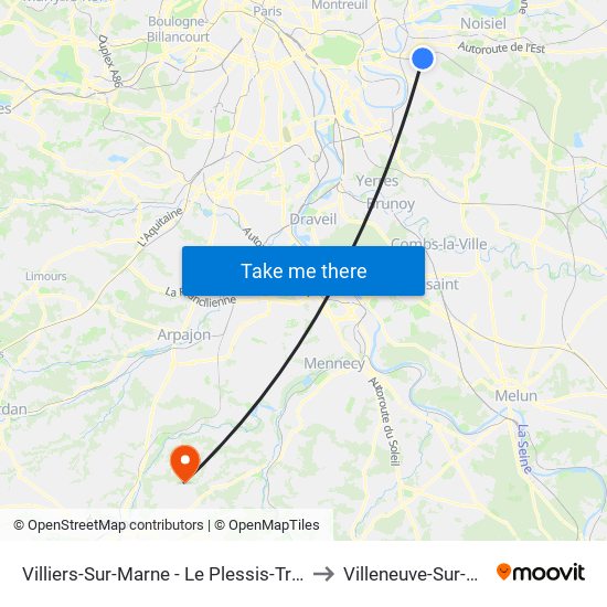 Villiers-Sur-Marne - Le Plessis-Trévise RER to Villeneuve-Sur-Auvers map