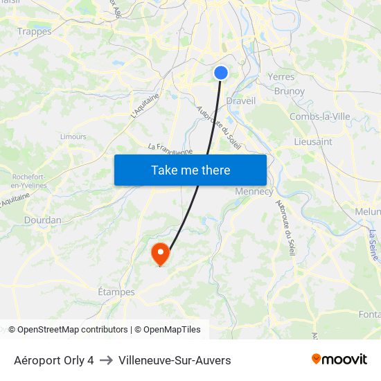 Aéroport Orly 4 to Villeneuve-Sur-Auvers map