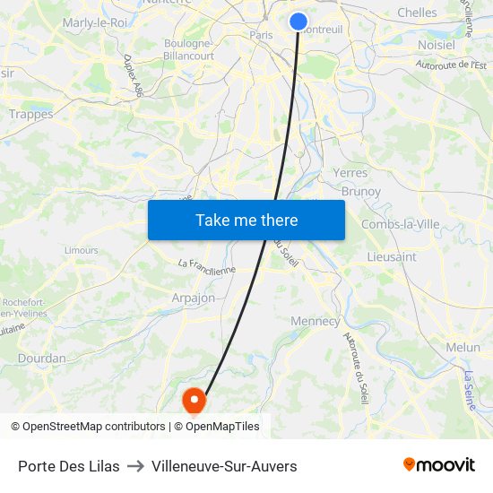 Porte Des Lilas to Villeneuve-Sur-Auvers map