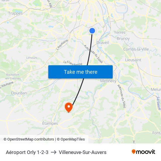 Aéroport Orly 1-2-3 to Villeneuve-Sur-Auvers map