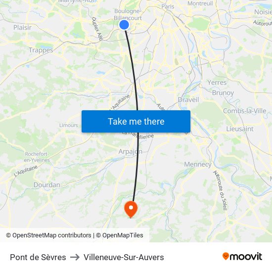 Pont de Sèvres to Villeneuve-Sur-Auvers map