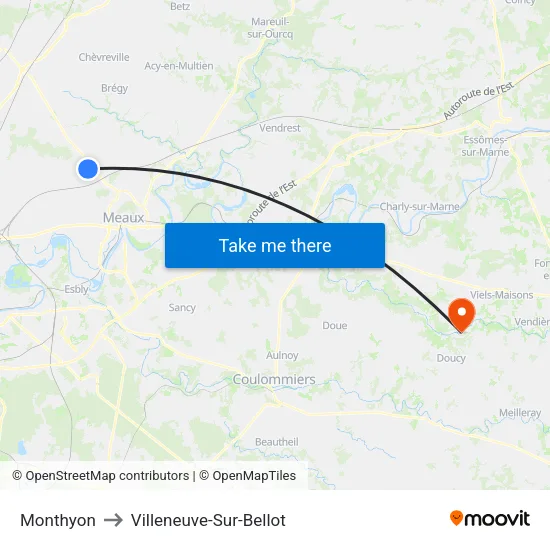 Monthyon to Villeneuve-Sur-Bellot map
