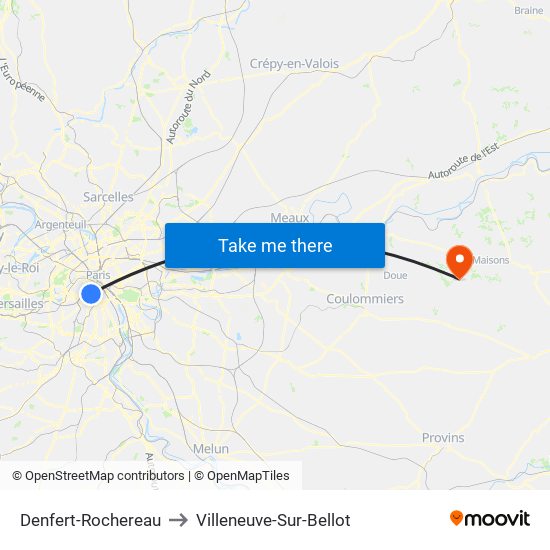 Denfert-Rochereau to Villeneuve-Sur-Bellot map