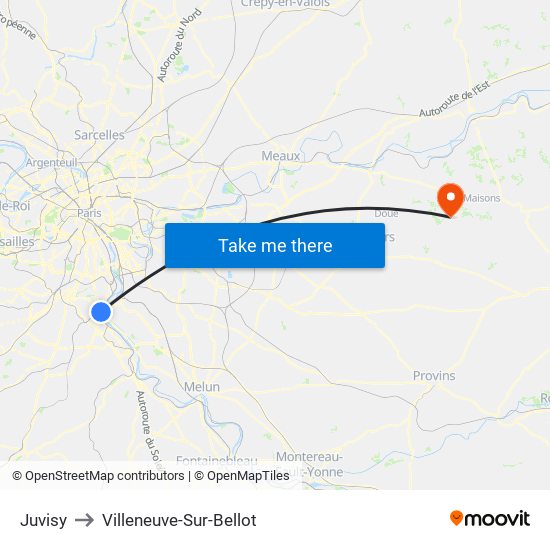 Juvisy to Villeneuve-Sur-Bellot map