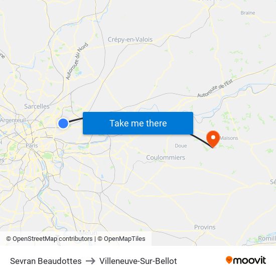 Sevran Beaudottes to Villeneuve-Sur-Bellot map