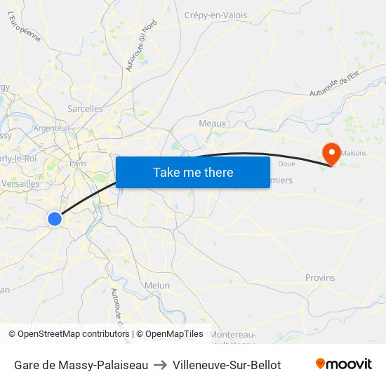 Gare de Massy-Palaiseau to Villeneuve-Sur-Bellot map