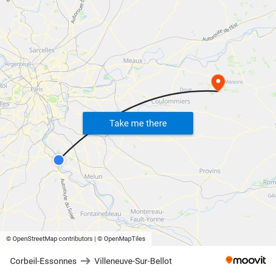 Corbeil-Essonnes to Villeneuve-Sur-Bellot map