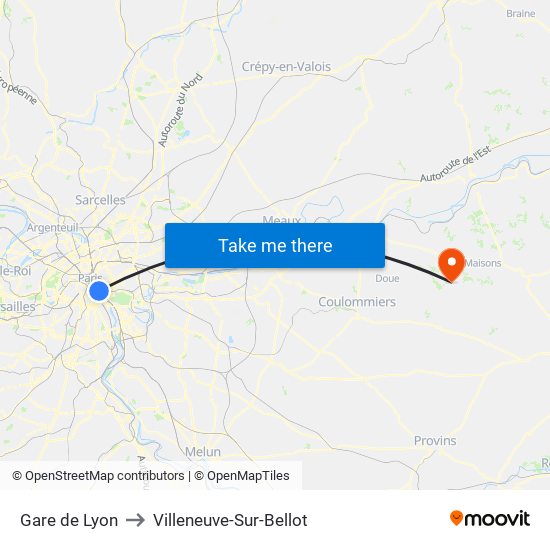 Gare de Lyon to Villeneuve-Sur-Bellot map