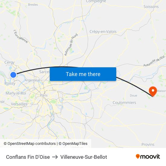Conflans Fin D'Oise to Villeneuve-Sur-Bellot map