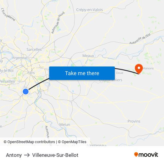 Antony to Villeneuve-Sur-Bellot map