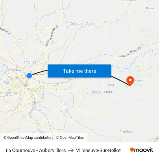 La Courneuve - Aubervilliers to Villeneuve-Sur-Bellot map