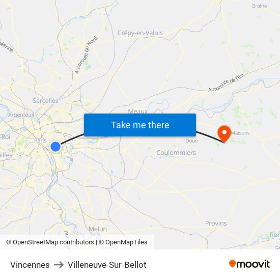 Vincennes to Villeneuve-Sur-Bellot map