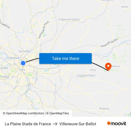 La Plaine Stade de France to Villeneuve-Sur-Bellot map