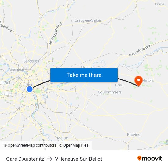 Gare D'Austerlitz to Villeneuve-Sur-Bellot map