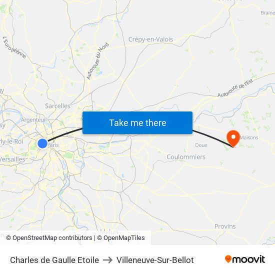 Charles de Gaulle Etoile to Villeneuve-Sur-Bellot map