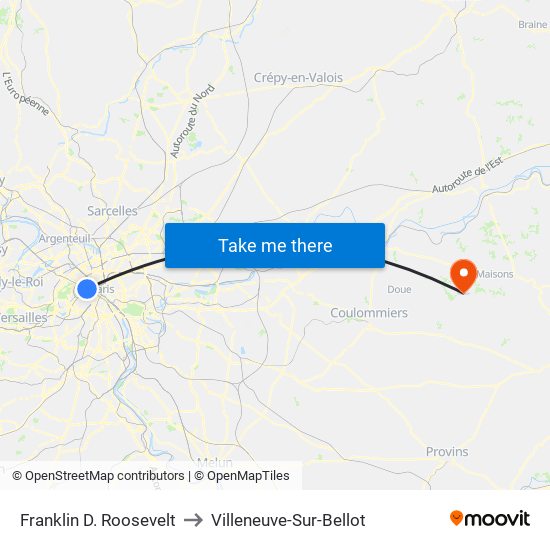 Franklin D. Roosevelt to Villeneuve-Sur-Bellot map