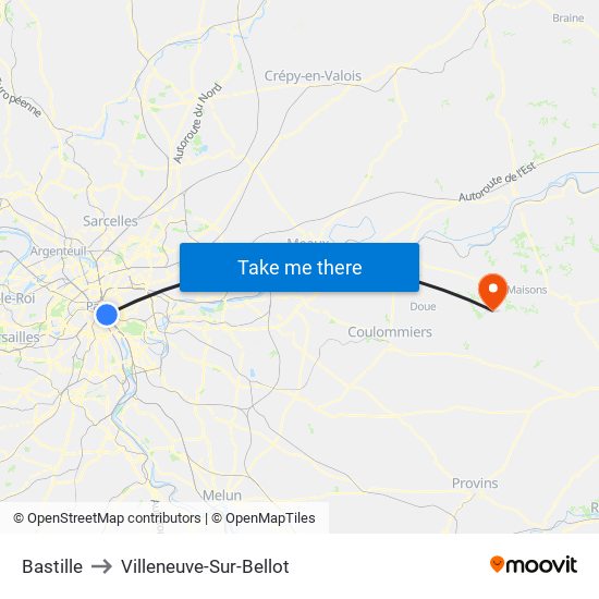 Bastille to Villeneuve-Sur-Bellot map